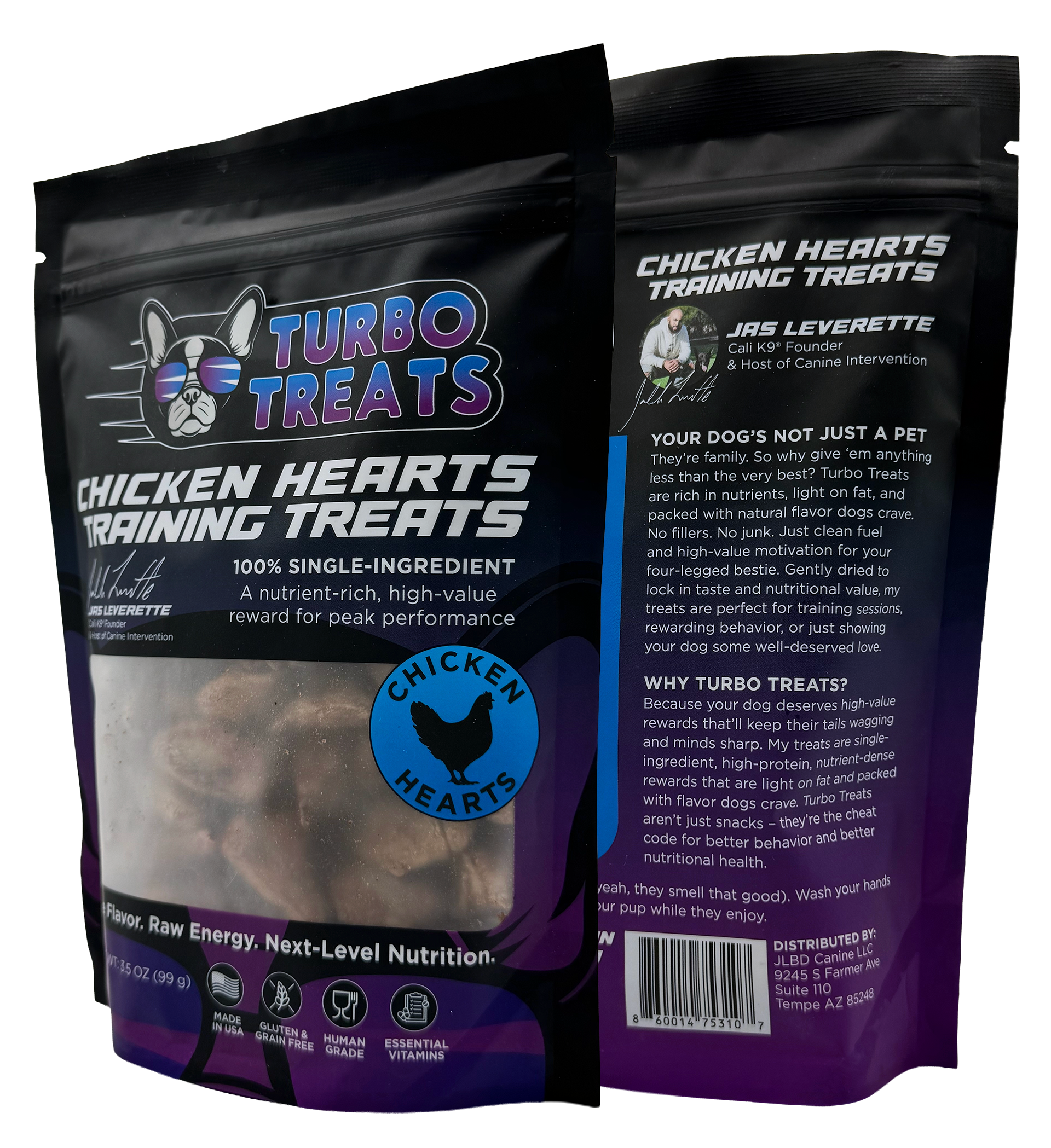 High-quality image of Turbo Treats freeze-dried protein dog treats featuring clean packaging design, bold branding, and natural ingredients. The product highlights its single-ingredient formula designed for performance, focus, and taste.